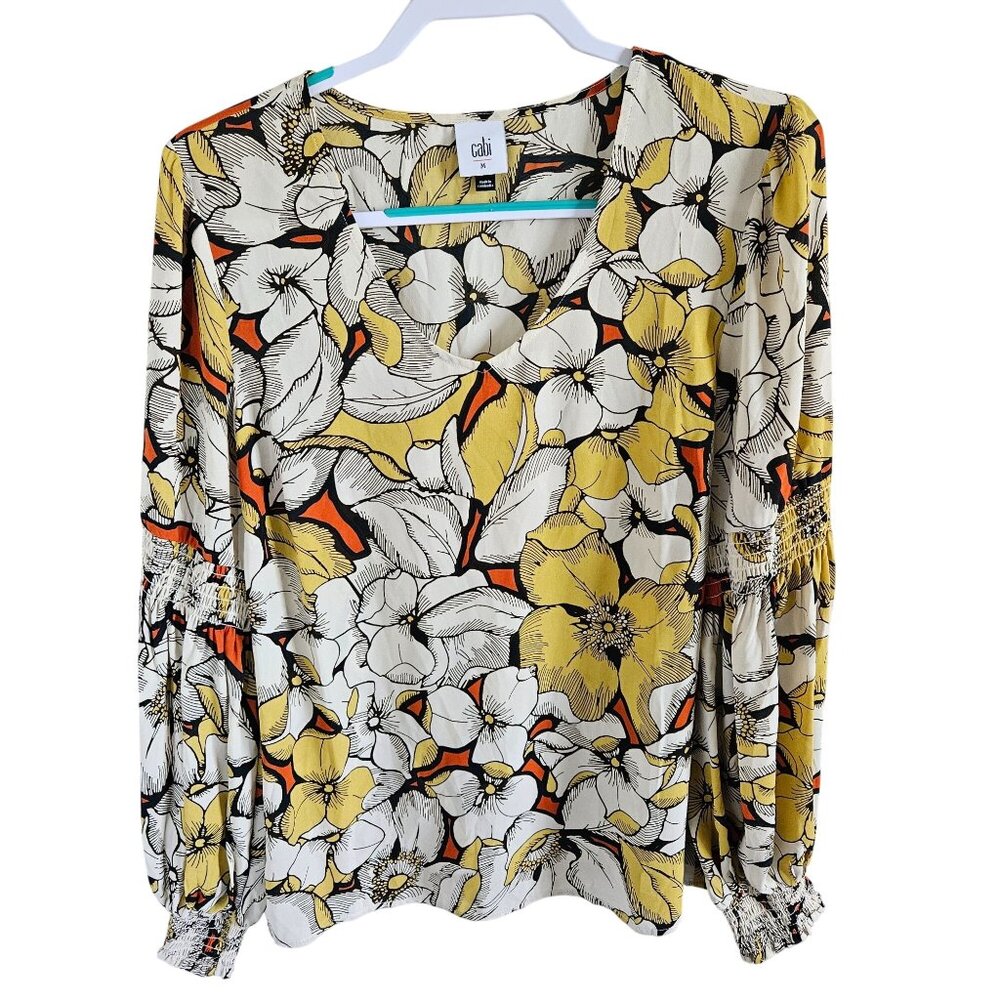 Cabi Woman Size M Floral Colorful Blouse Smocked Long Sleeves Scoop V neck BOHO